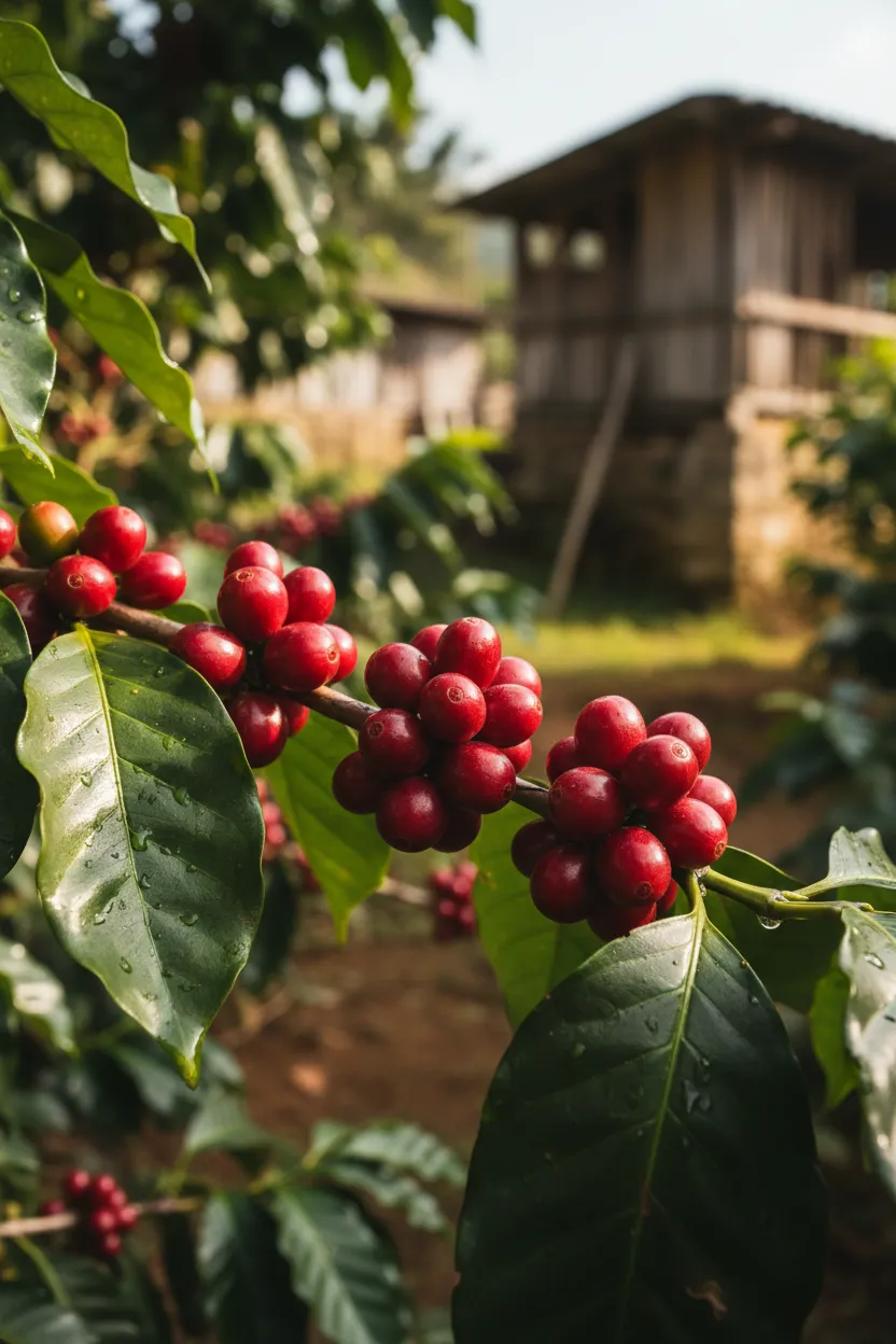 Close-up of ripe Arabica Obata coffee cherries on the plant at the MonteBrisa farm.