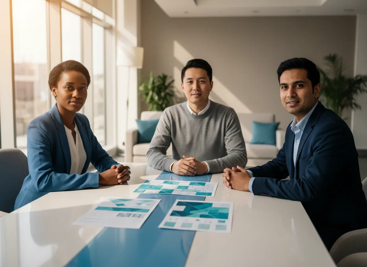 Smiling mortgage broker reviewing home financing options with clients at a table.