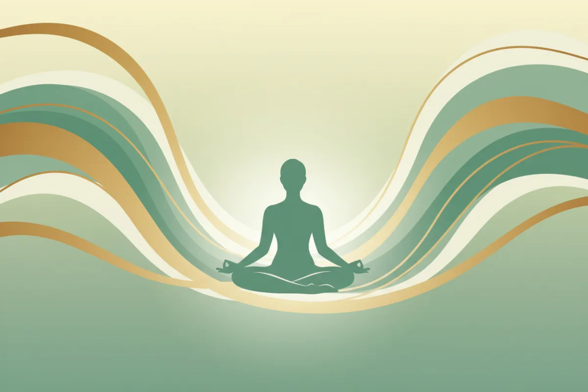 A serene, stylized eBook cover for 'Tuning In', featuring abstract green and gold waves, a meditating silhouette, and soft light, evoking calm and spiritual awakening. The background blends gentle gradients, with the title in elegant serif font.