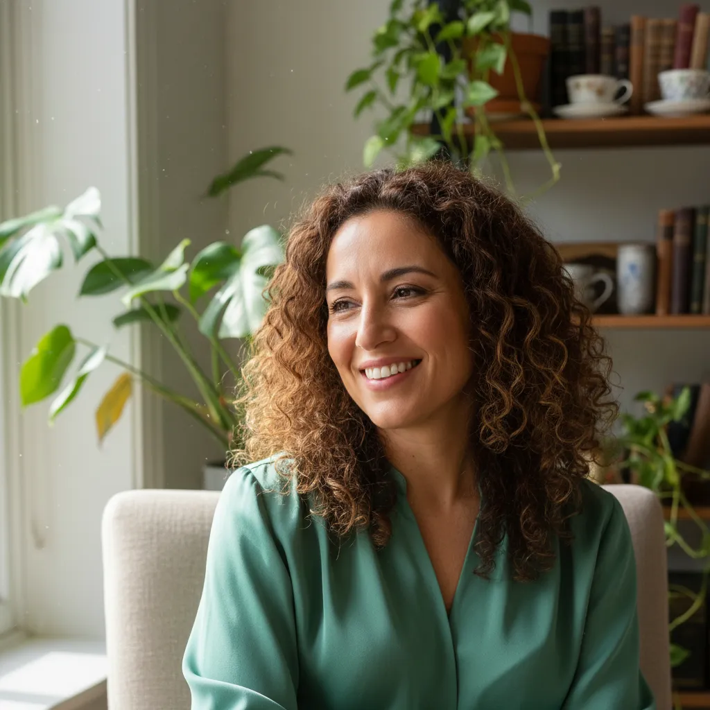 A portrait of a smiling woman in her 40s with olive skin and curly hair, wearing a soft green blouse. She sits in a sunlit room with plants and books, radiating warmth and wisdom.
