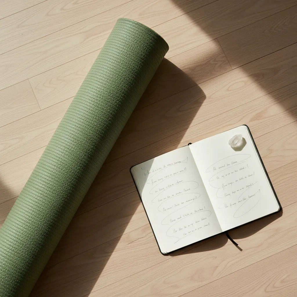 A flat lay of a green yoga mat, an open journal with handwritten affirmations, and a small crystal, all arranged on a light wooden floor. Soft natural light highlights the textures, evoking a peaceful, intentional morning ritual.