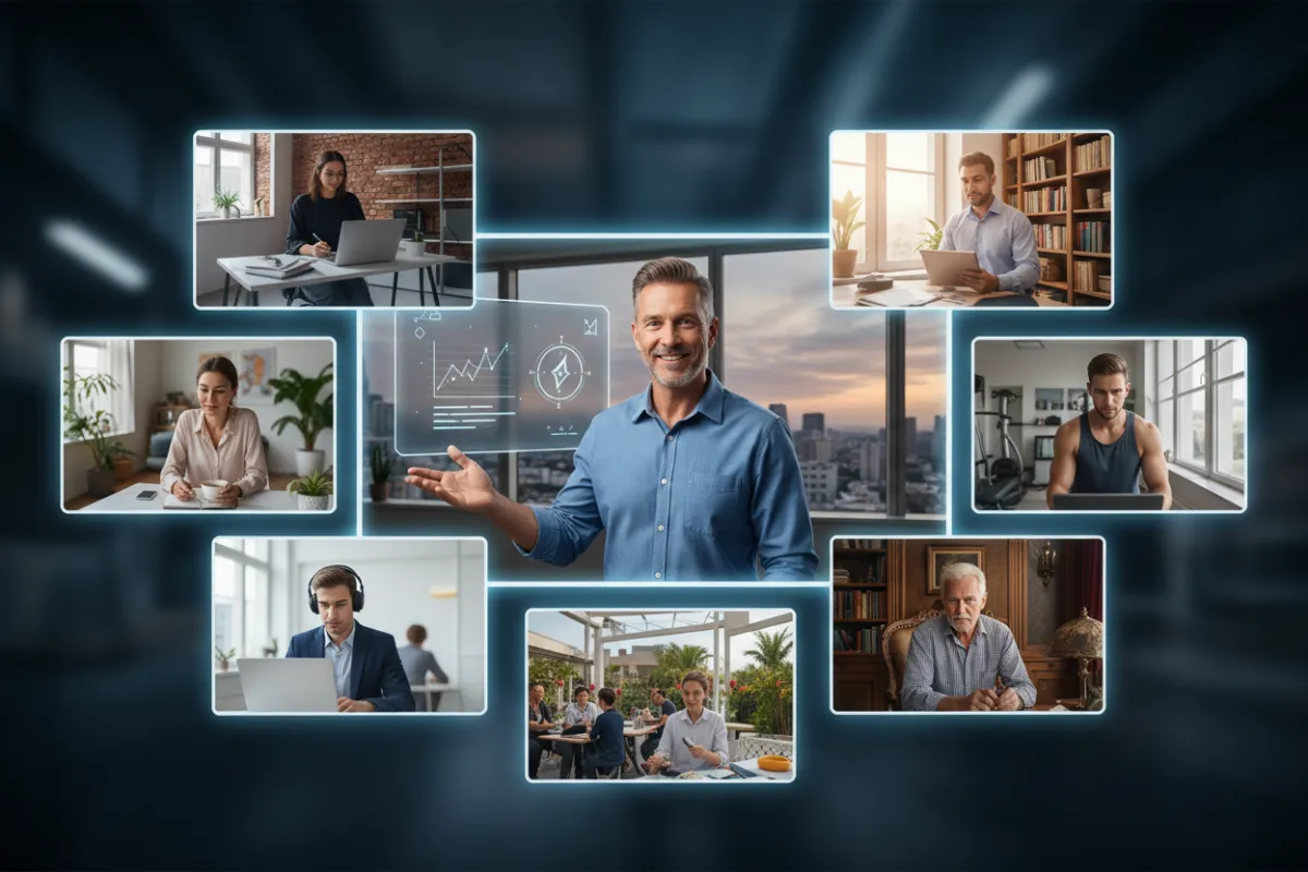 A single instructor leading a virtual session with multiple real estate agents on a large screen, each agent in their own environment, symbolizing the one-to-many teaching method.