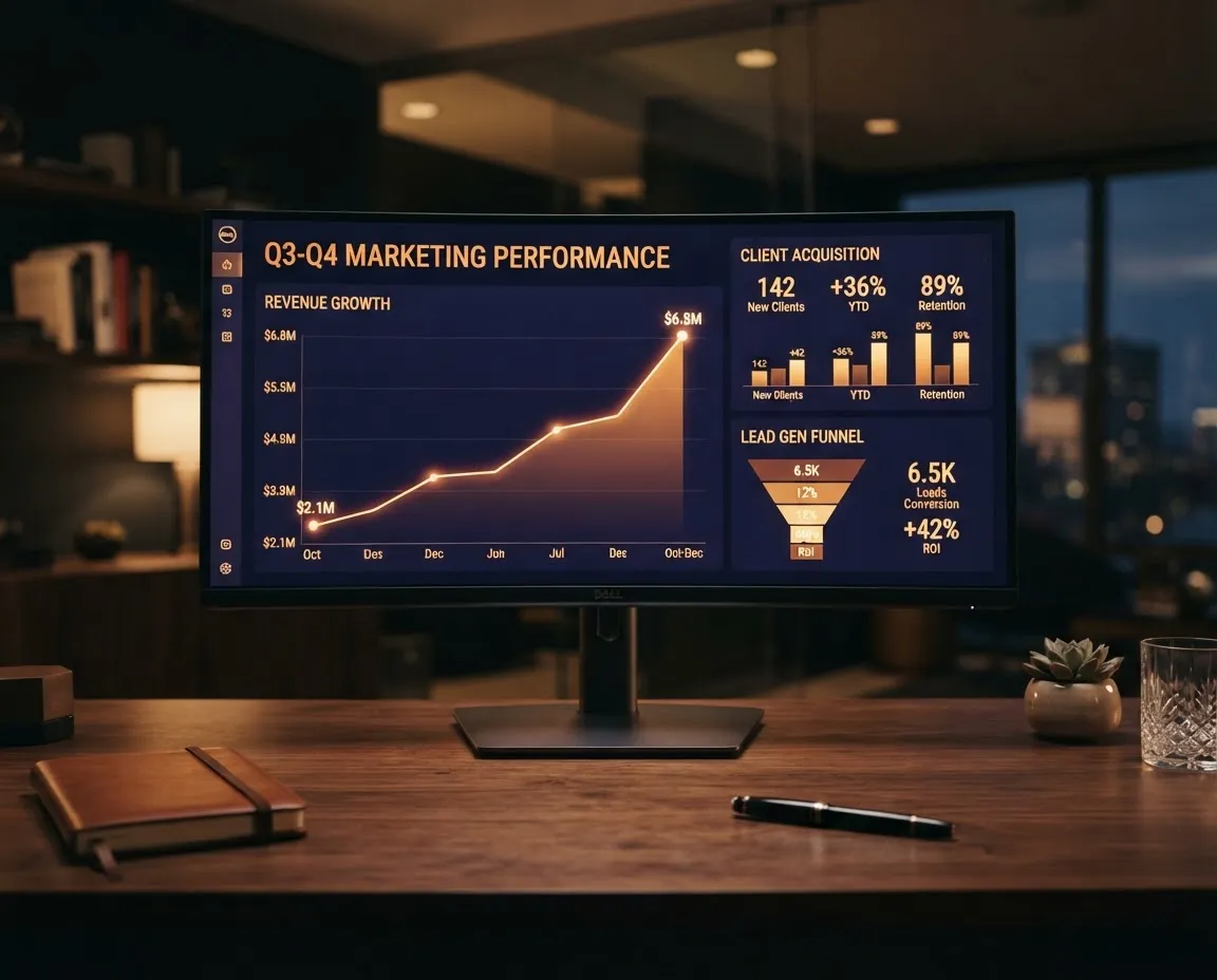 Executive growth analytics dashboard showing revenue progression and client acquisition metrics