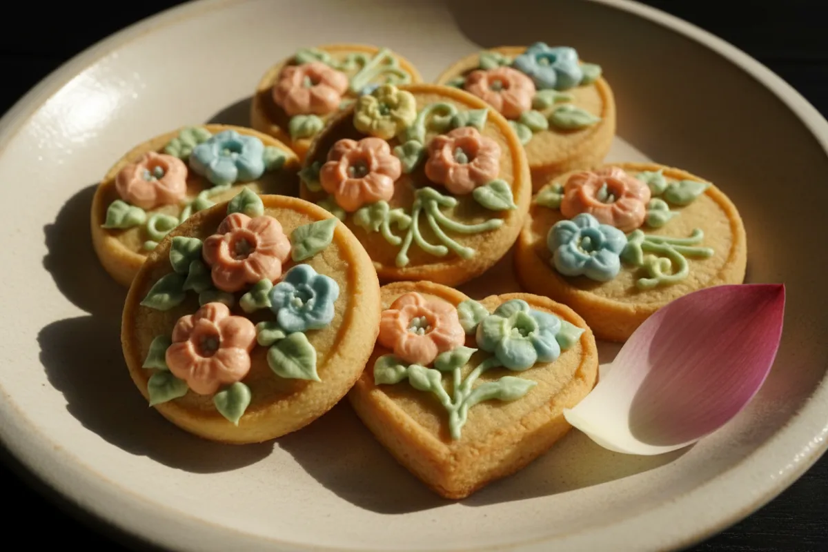 Close-up of golden butter cookies decorated with delicate Thai frosting on a cream plate with lotus petal in warm morning light.