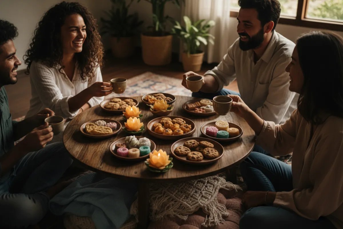 Lifestyle scene of a small gathering sharing cookies and Thai sweets on a low wooden table with lotus candles and pastel textiles.