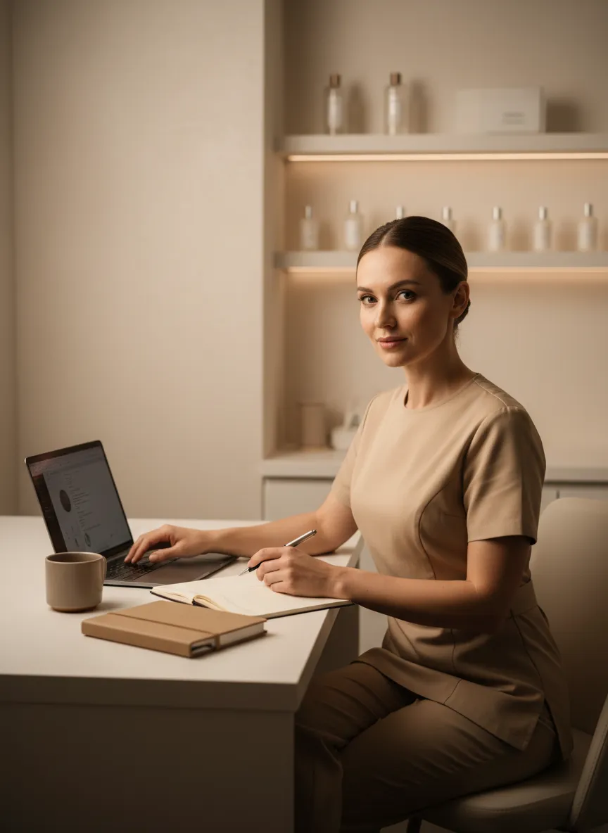 Warm-toned premium photo of a solo practitioner looking thoughtfully at a laptop in a clinic setting