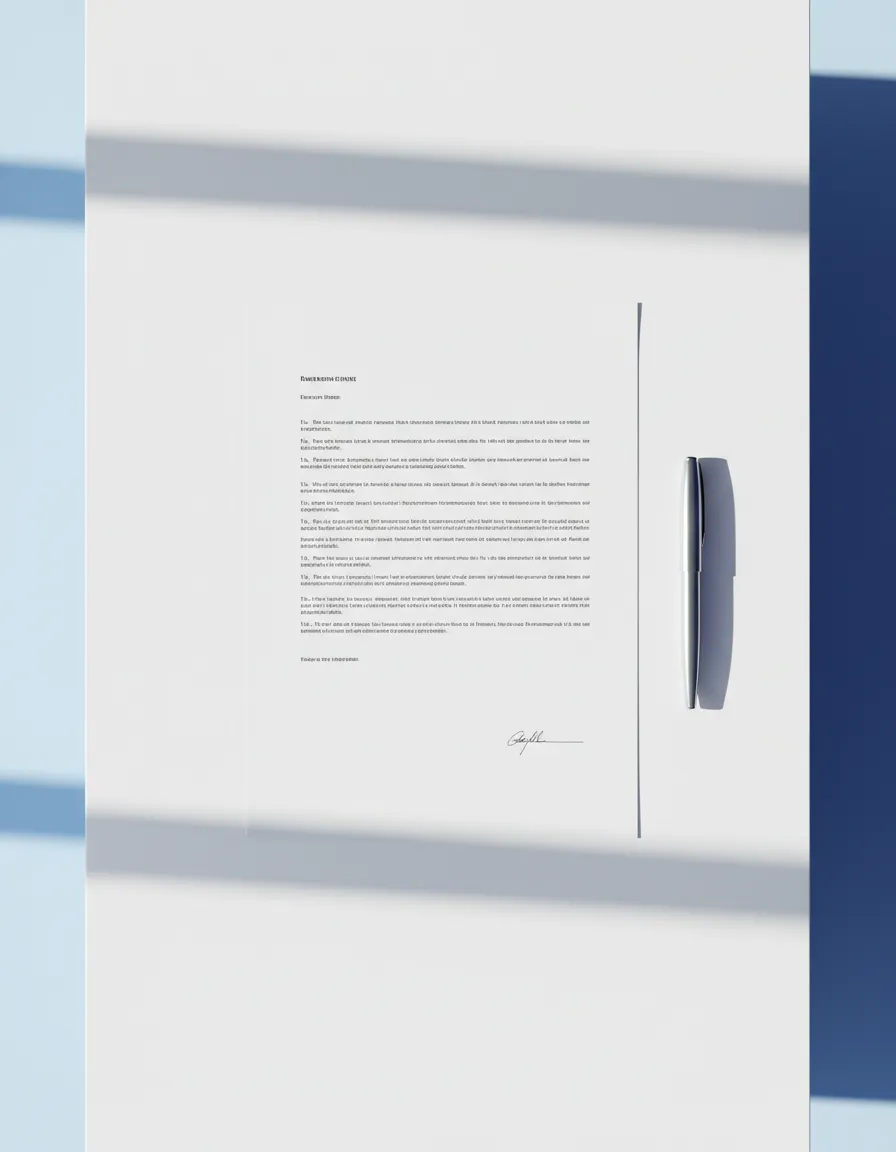 A clean, high-quality framed image of a tidy, minimalist desk with a document and a pen