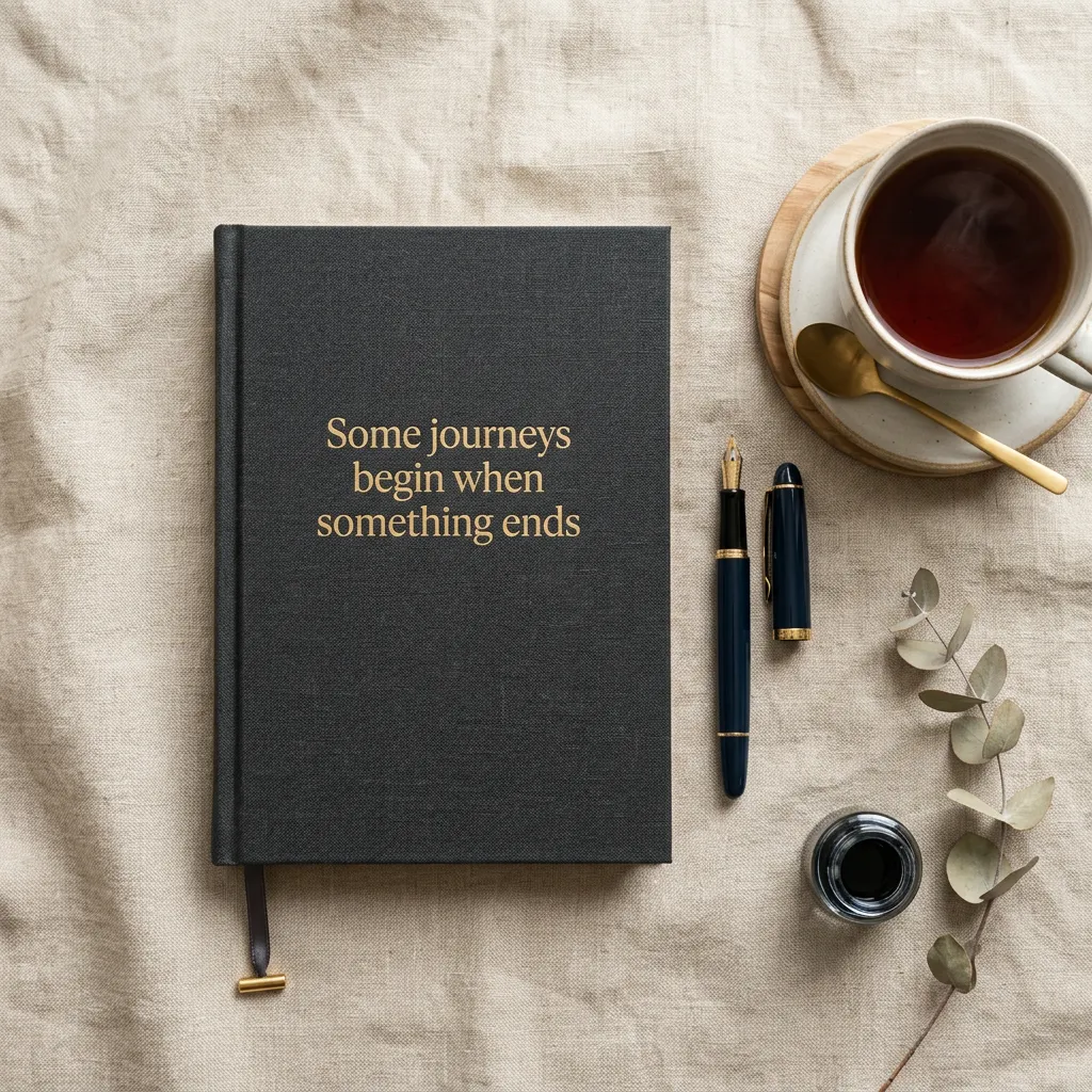 Flat lay photograph of a dark, textured journal with gold foil lettering reading 'Some journeys begin when something ends', placed next to a fountain pen and a cup of dark tea on a beige linen fabric.