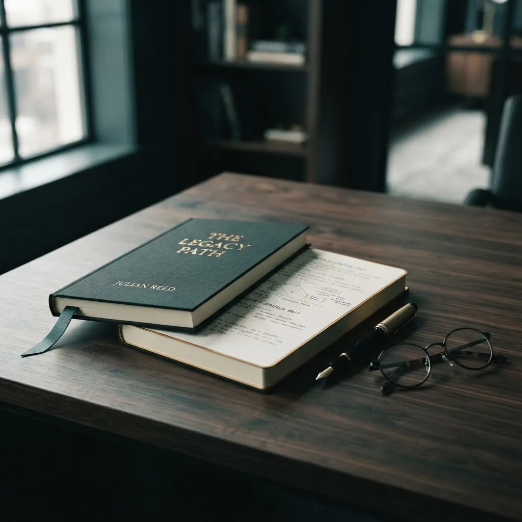 Desaturated, elegant still life of a bound executive manuscript resting on a minimalist walnut desk beside a bespoke pen and spectacles in soft architectural light