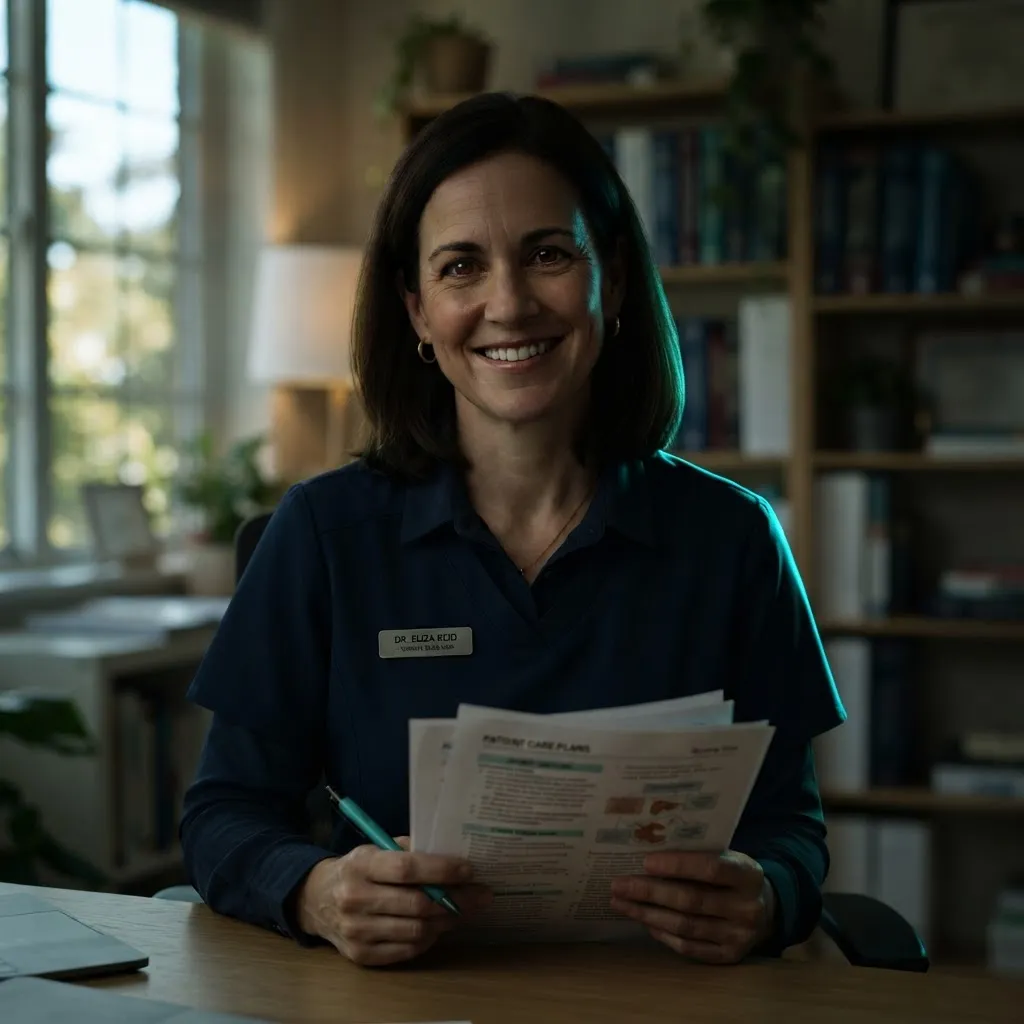 Smiling nursing educator and mentor holding study notes in an airy, sunlit library