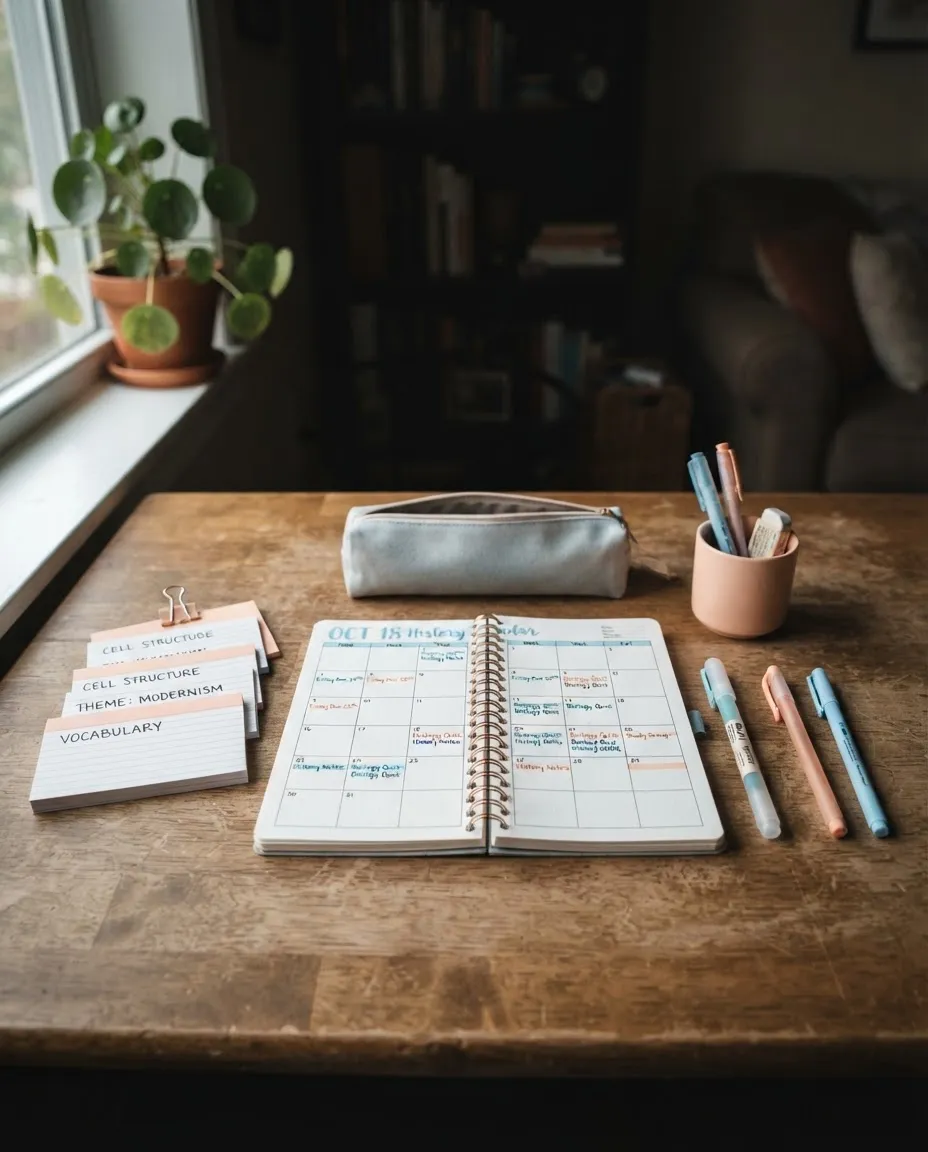 Organized pastel study desk with TEAS notes, study calendar, and calming workspace supplies