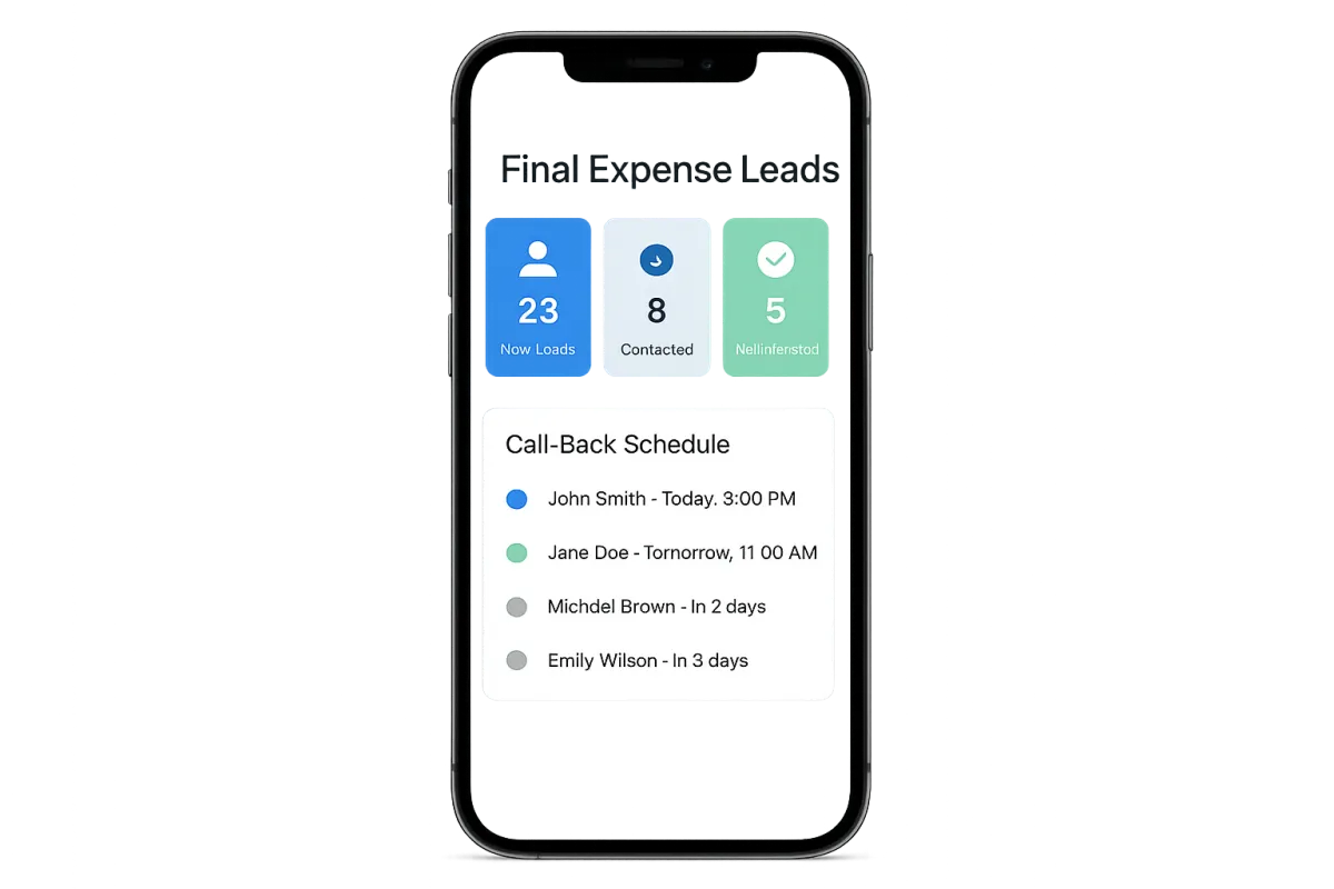 Modern smartphone mockup showing Final Expense Leads dashboard UI