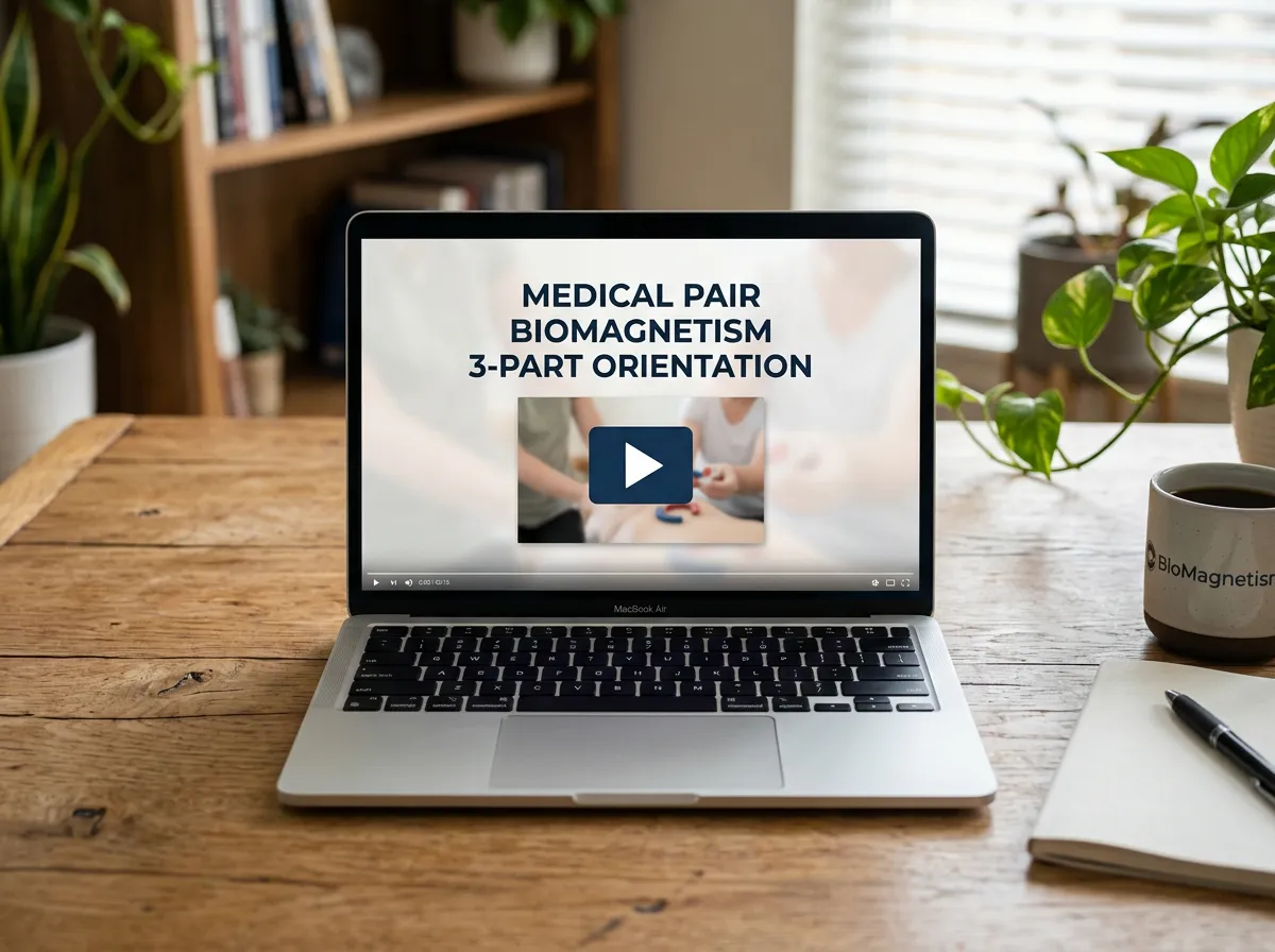 Laptop on a wooden desk displaying 'Medical Pair Biomagnetism 3-Part Orientation' with a play button on the screen.