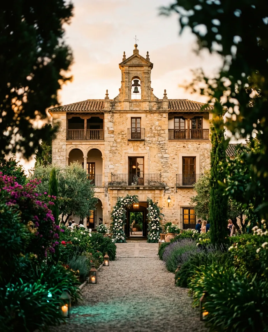 Finca exclusiva y elegante para celebración de bodas al atardecer en Madrid