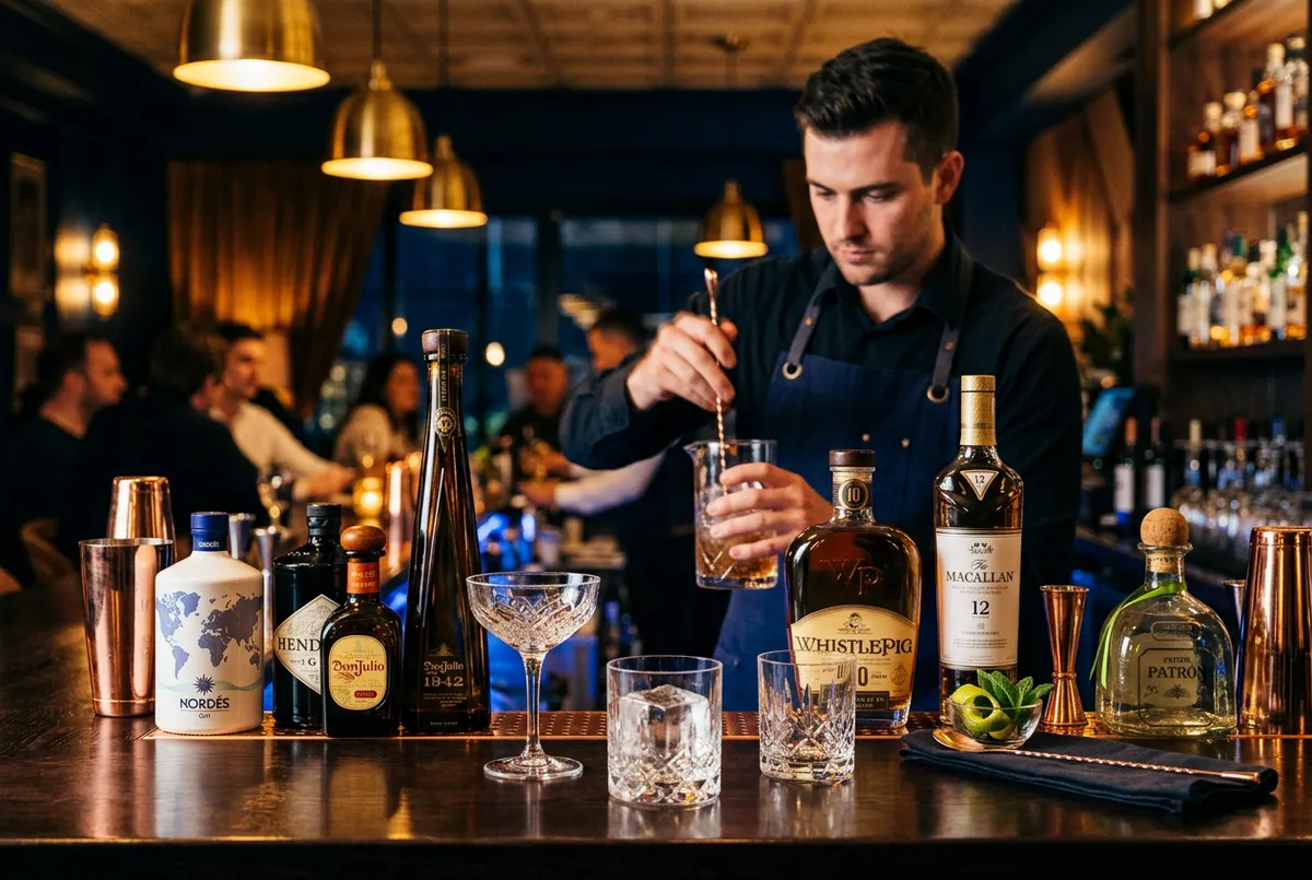 Barra de coctelería premium con iluminación cálida