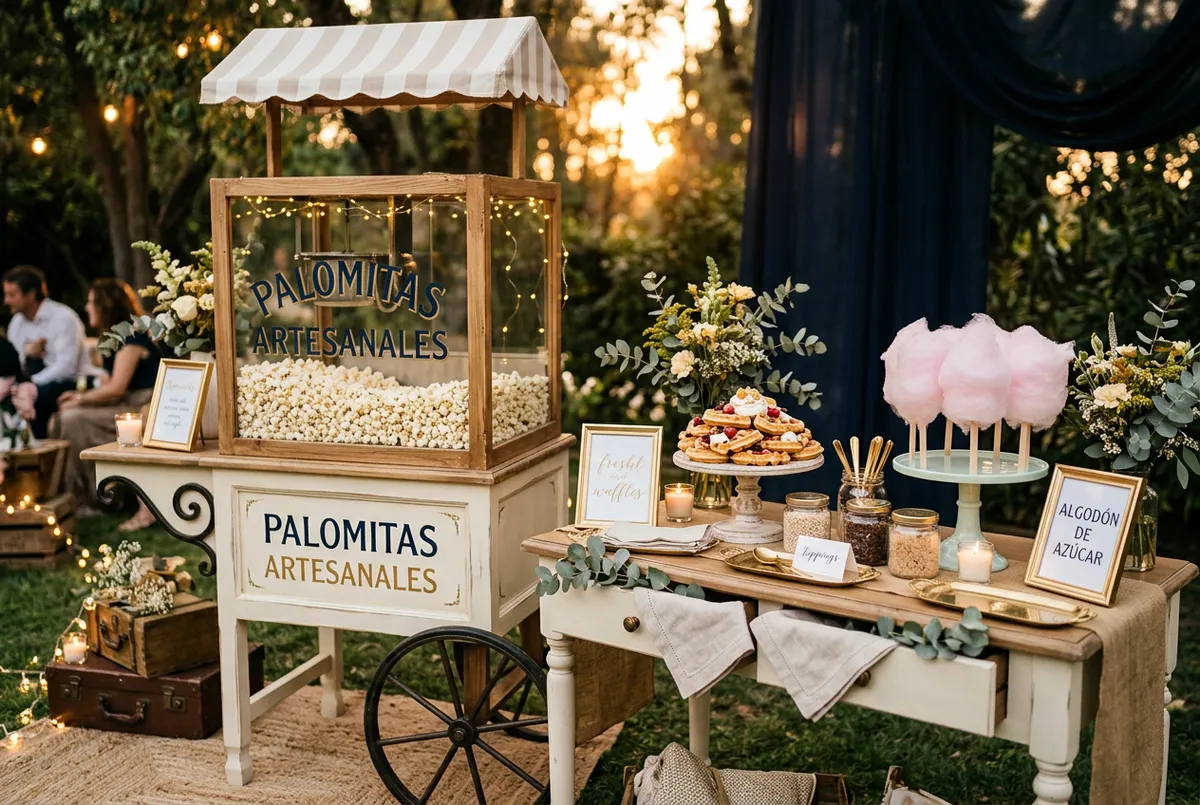 Rincón dulce e infantil con carrito de palomitas artesanal