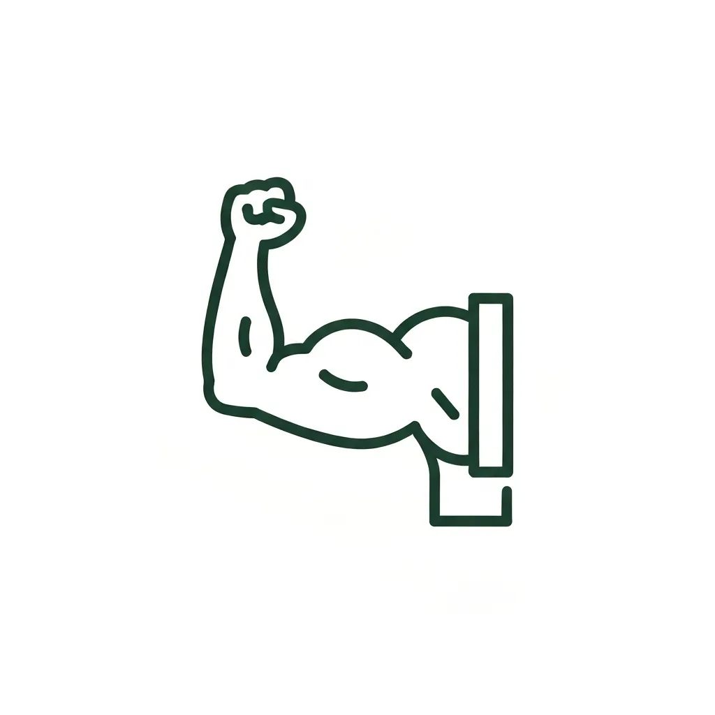 Dark green circular icon containing a white line-art illustration of a flexed bicep arm