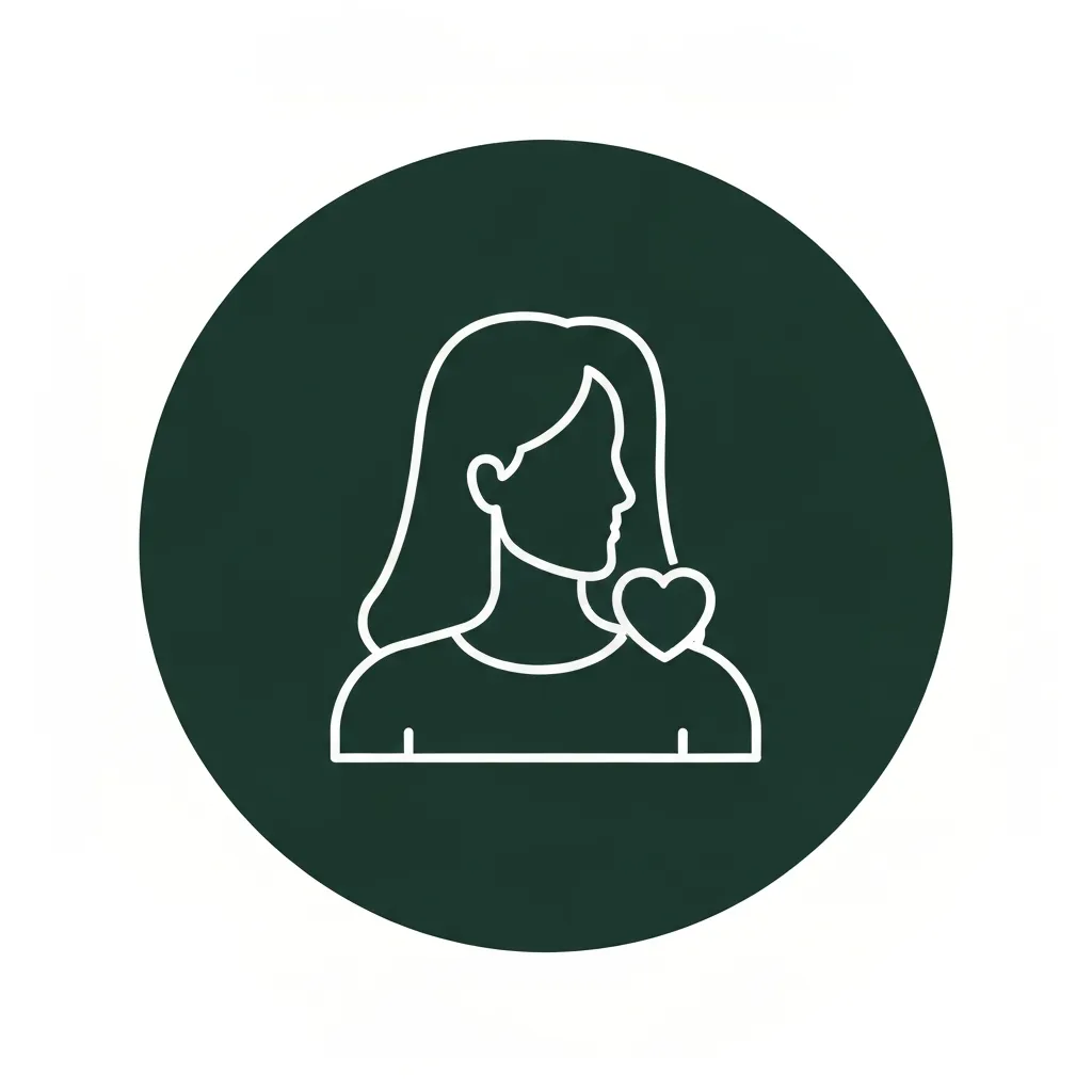 Dark green circular icon containing a white line-art illustration of a woman's profile with a small heart overlapping her shoulder