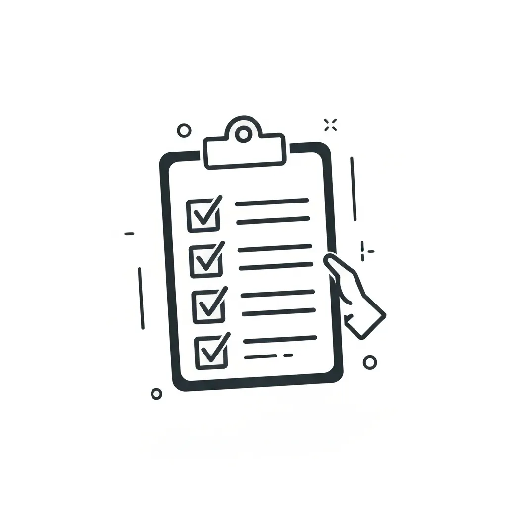 Dark green circular icon containing a white line-art illustration of a clipboard with checkmarks