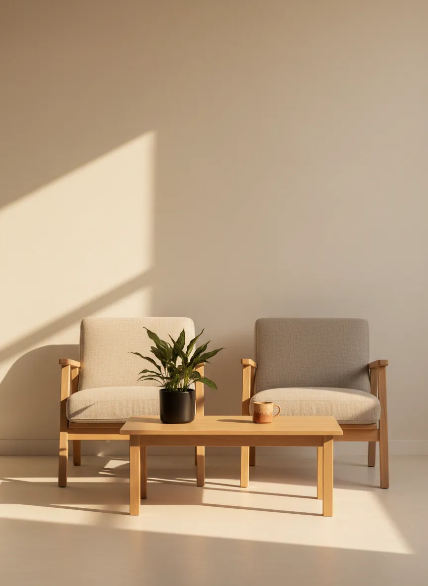 Atmospheric sunlit room with two empty chairs for personal coaching