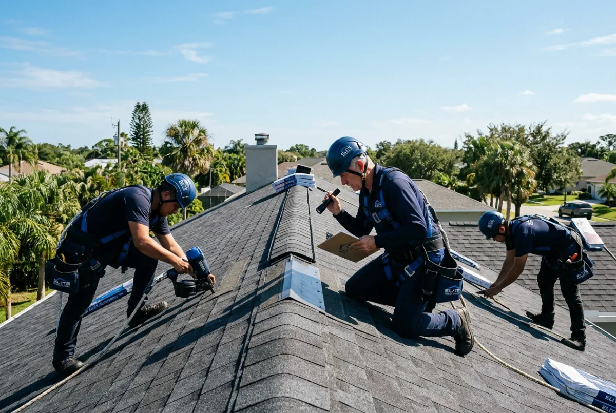 Professional roofing crew working on Florida residential roof installation
