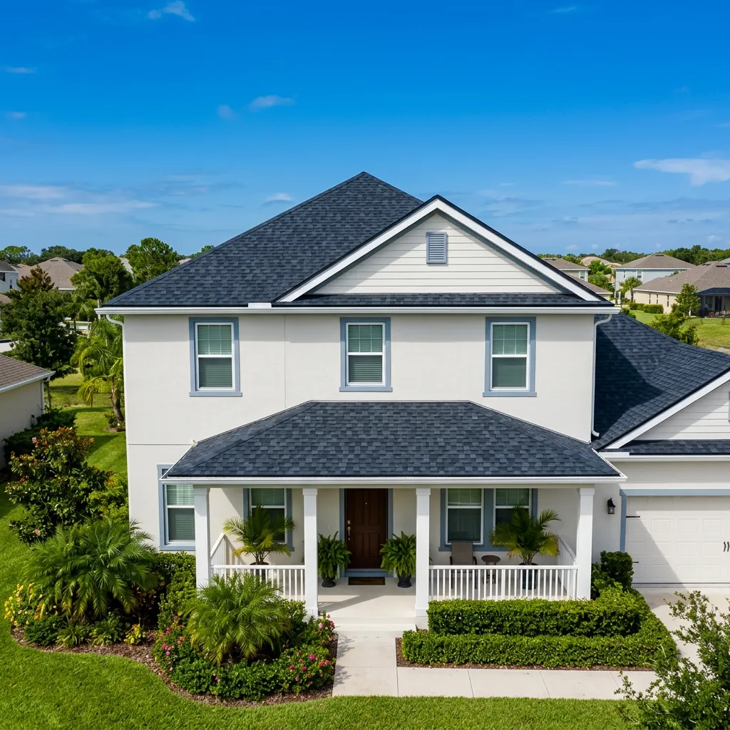 Completed Florida residential roof replacement under bright blue sunny skies