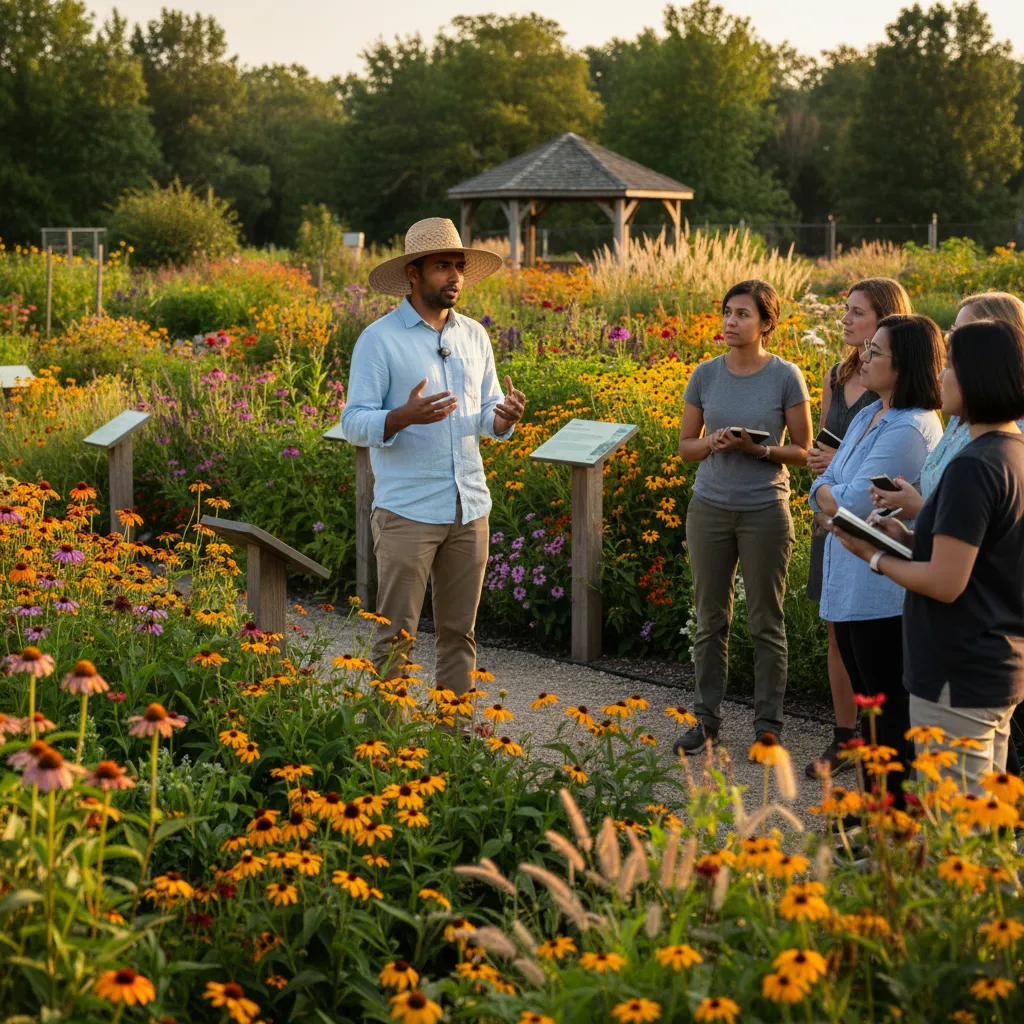 Samir Patel, a South Asian horticulturist in his 30s, stands in a demonstration garden surrounded by native plants, wearing a straw hat and blue shirt. He is explaining plant selection to a small group, with a backdrop of colorful wildflowers and educational signage.
