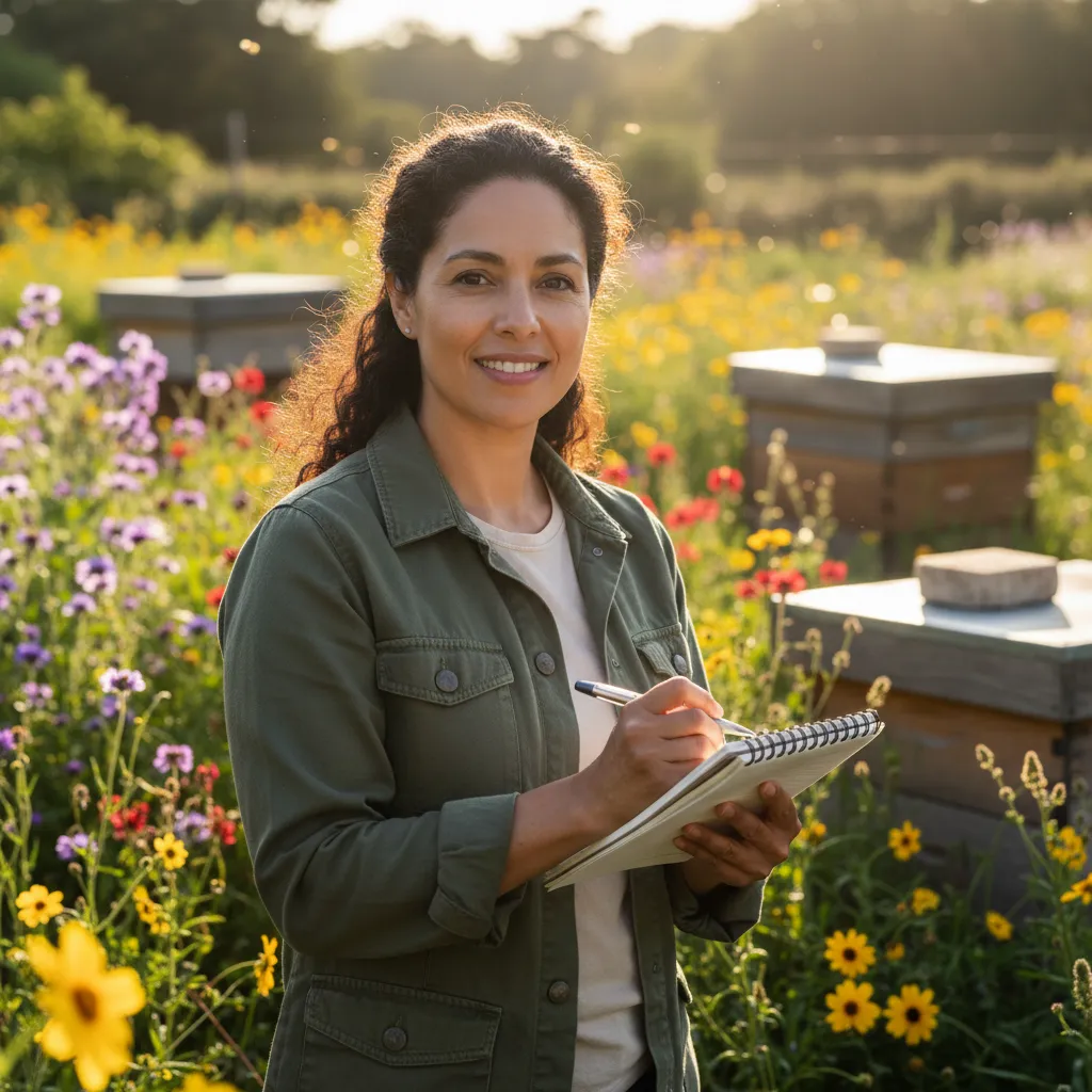 Portrait of Dr. Elena Morales, a Latina entomologist in her 40s, smiling warmly in a sunlit botanical garden, wearing a green field jacket and holding a notebook. The background features blooming wildflowers and bee boxes, emphasizing her expertise in pollinator research and community education.