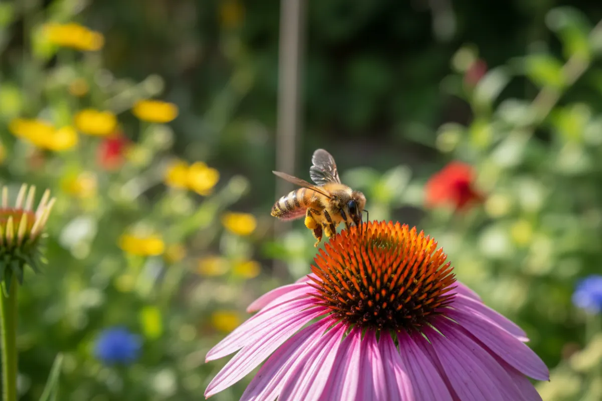A close-up of a honeybee collecting pollen from a vibrant purple coneflower in a lush, sunlit community garden, with diverse wildflowers and greenery in the background. The image captures the bee mid-flight, highlighting its delicate wings and fuzzy body, evoking a sense of natural harmony and ecological beauty.