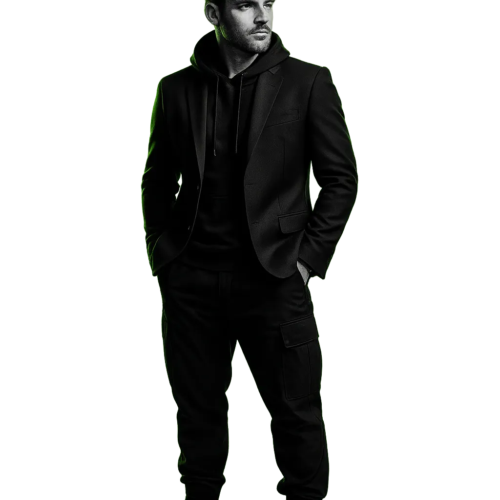 Confident professional in elevated streetwear with neon green rim lighting
