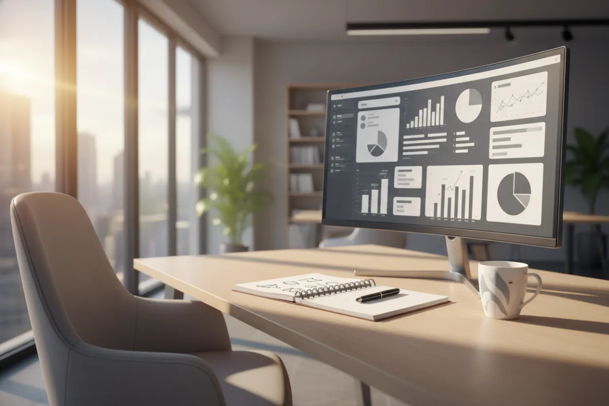 A photorealistic image of a modern office workspace with a desktop computer displaying a Facebook Ads dashboard, a notepad with campaign notes, and a coffee cup, sunlight streaming through large windows, conveying readiness and professionalism.