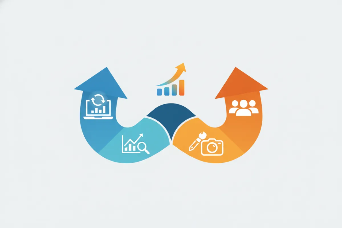A stylized infographic visualizing two distinct paths: one labeled 'Self-Serve' with a laptop and analytics icons, the other 'Managed' with a team and creative assets, both converging toward a growth chart, rendered in a modern blue and orange color scheme.