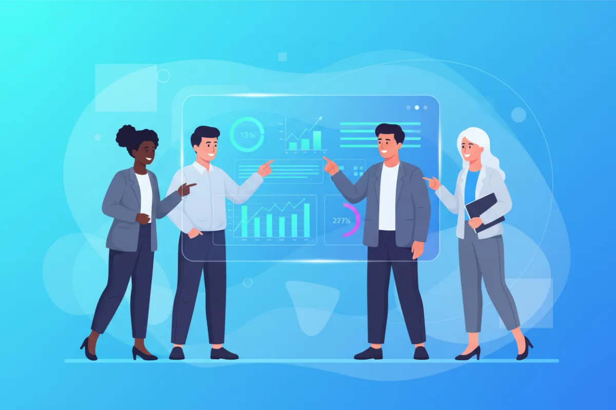A vibrant digital illustration showing a diverse group of business owners collaborating around a large screen displaying Facebook and Instagram ad analytics, set against a modern gradient background with blue and teal tones, evoking teamwork and digital marketing success.