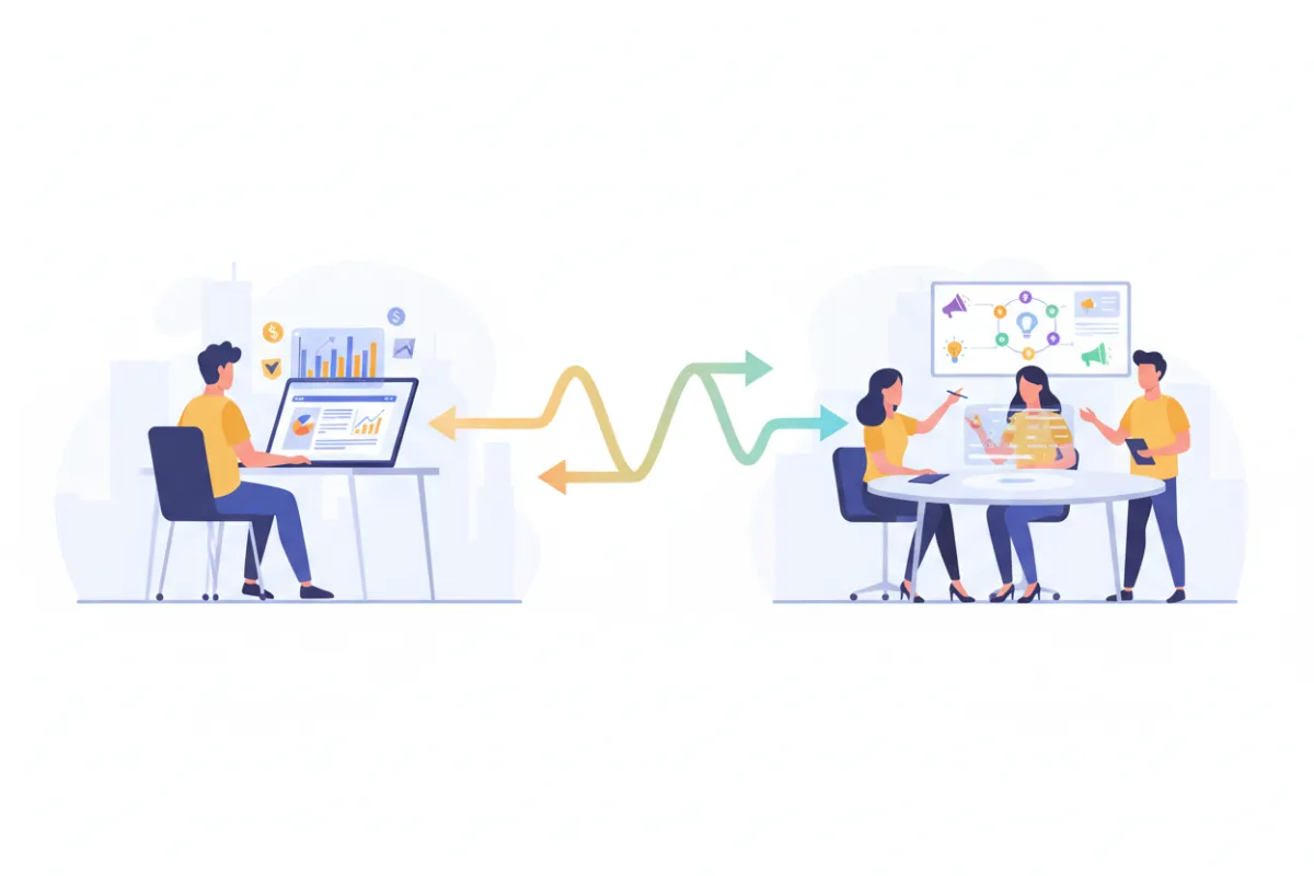 A flat vector split-screen illustration: on the left, a solo entrepreneur using a laptop with ad dashboards; on the right, a team of marketers collaborating over campaign strategy, both sides connected by a central glowing line, symbolizing choice and flexibility.