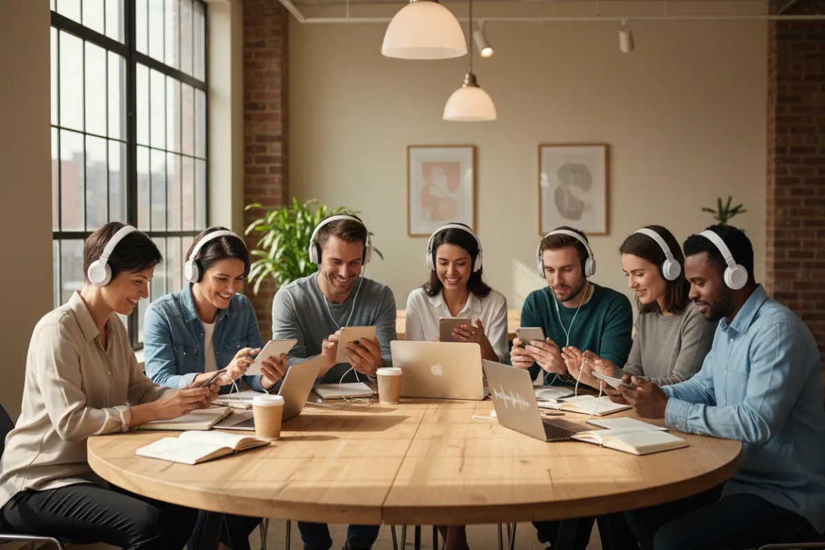 A diverse group of small business owners gathered around a table, each with headphones, listening to a podcast on their devices. The setting is a modern, sunlit workspace with warm neutral tones and energetic expressions, conveying collaboration and learning.