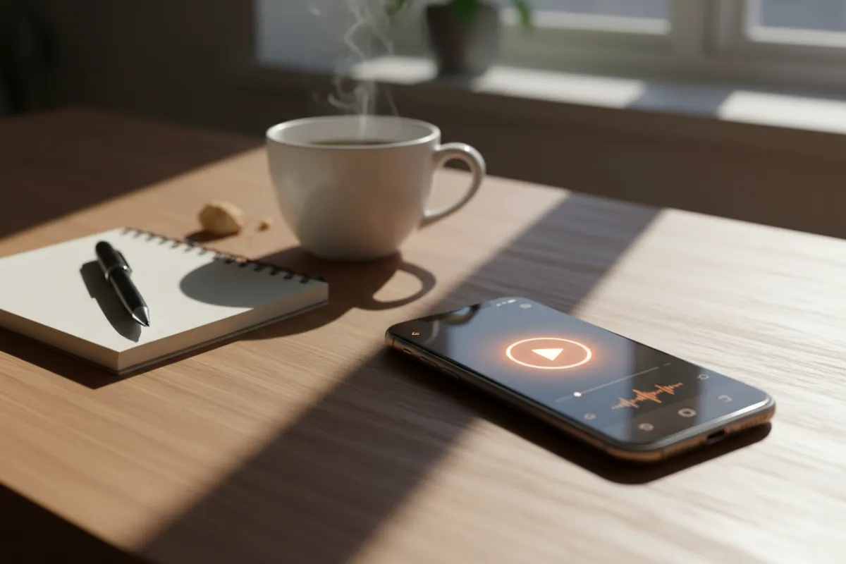 A close-up of a smartphone on a wooden desk, displaying a podcast player app with a play button highlighted. A notepad and coffee cup are nearby, suggesting a productive morning routine for a small business owner. Warm, natural lighting and a modern, realistic style.