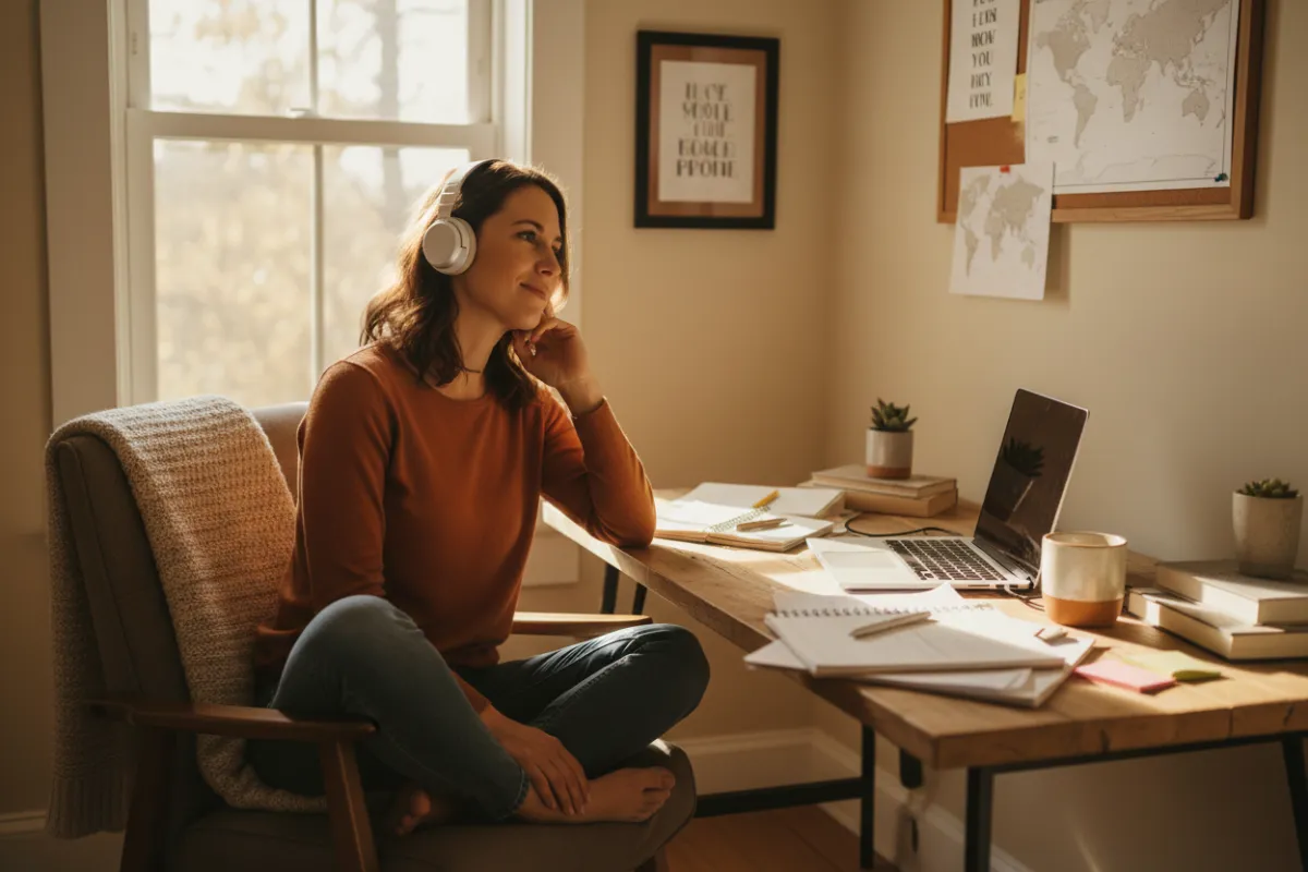 A small business owner listening to a podcast on a laptop in a cozy office, surrounded by notes and a cup of coffee. The scene is warm, inviting, and filled with natural light, emphasizing focus and learning.
