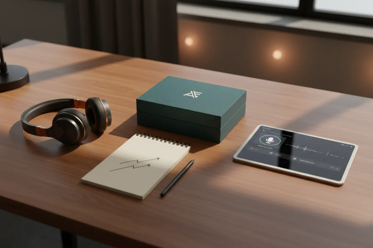A collection of business resources including a branded toolkit, headphones, a notepad, and a digital tablet displaying a podcast episode. The items are neatly arranged on a wooden desk with warm lighting, symbolizing access and empowerment.