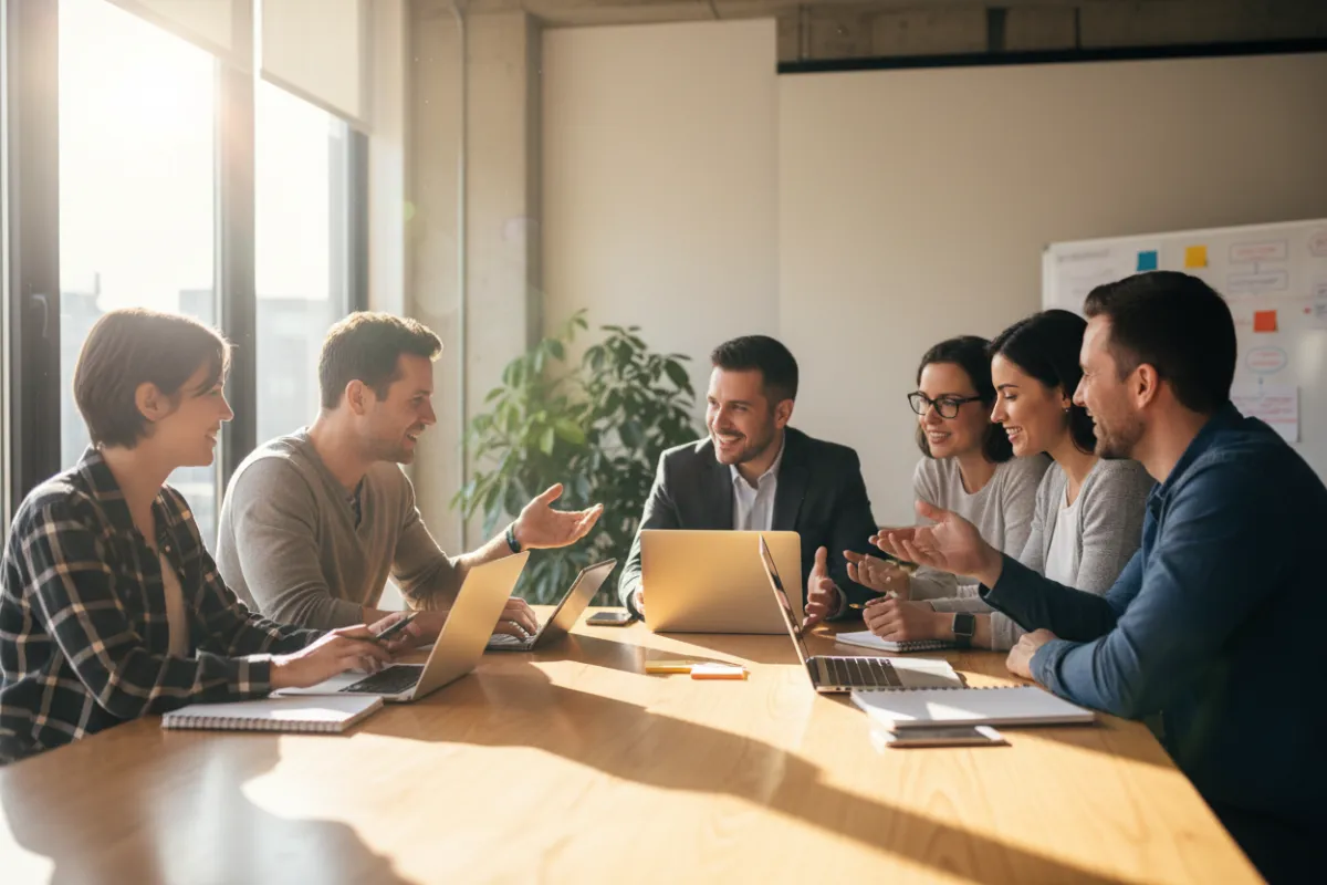 A diverse group of small business owners gathered around a table, animatedly discussing strategies with digital devices and notebooks, sunlight streaming through a modern office window, warm neutral tones, high-energy atmosphere.