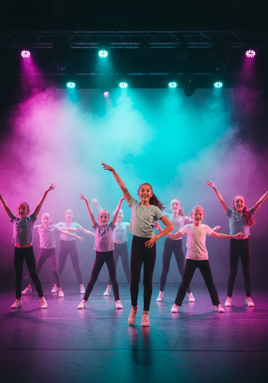 Dance students performing on stage under vibrant lights
