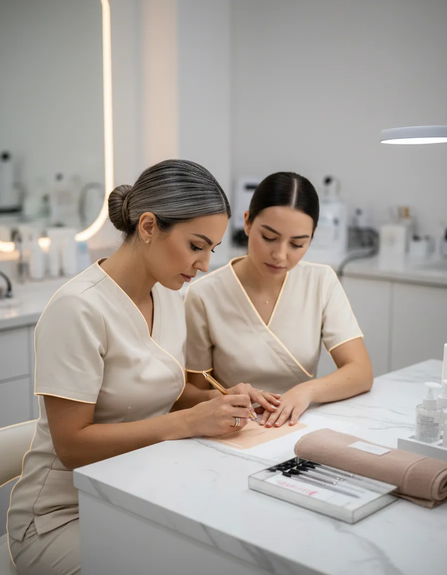 Student practicing permanent makeup technique with hands-on guidance