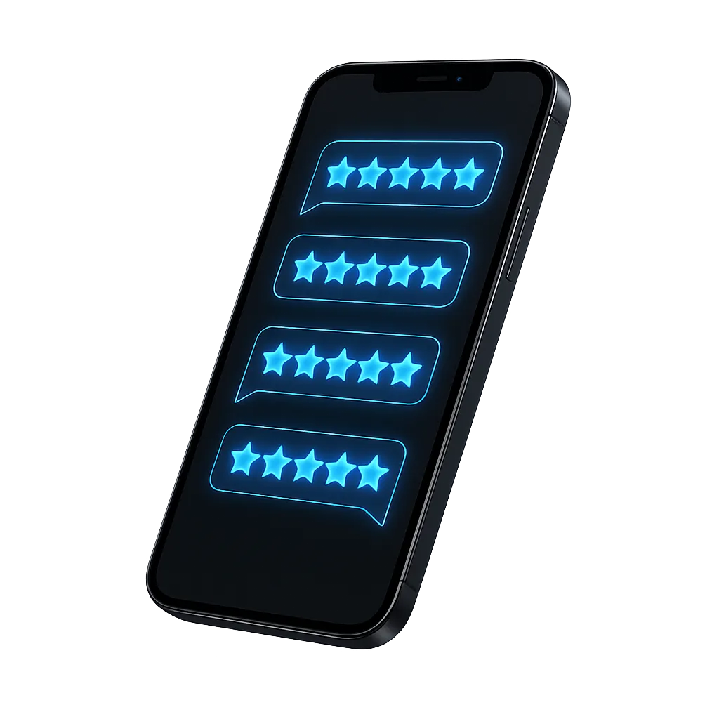 Sleek modern smartphone displaying glowing 5-star review notifications with electric blue accents