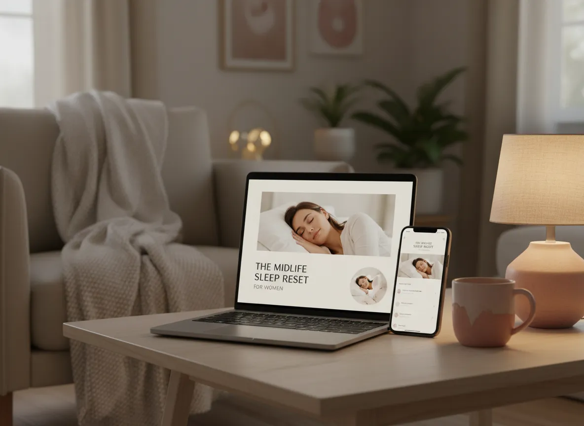 Mockup of The Midlife Sleep Reset for Women digital guide on laptop and phone in a calm bedroom setting