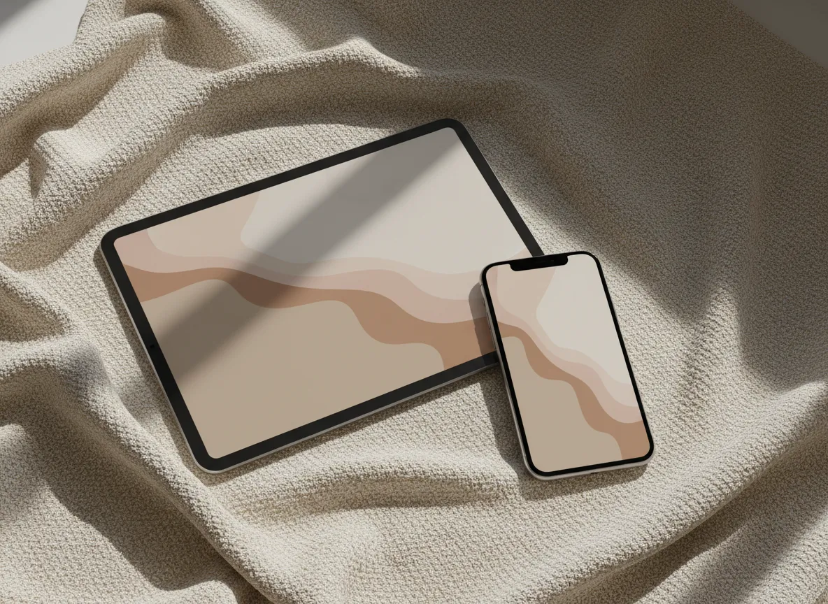 Digital guide displayed on tablet and phone on a soft fabric background