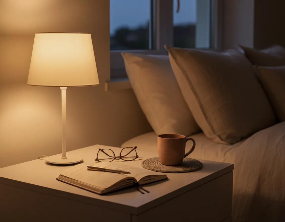 Calm bedside table with open journal, reading glasses, tea cup, and warm lamp light
