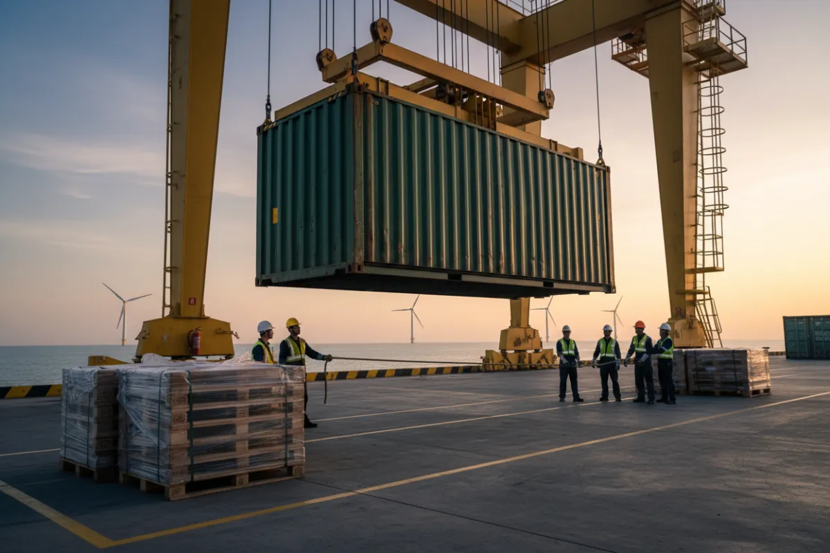 Contenedor siendo cargado en muelle moderno con operarios y grúa en acción