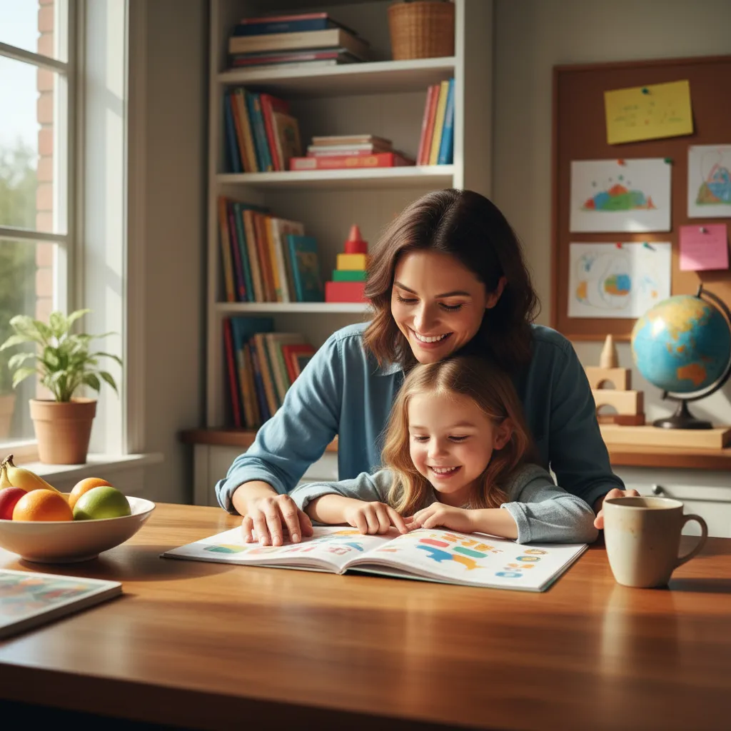 A parent and child sitting together at a kitchen table, smiling as they review a reading workbook. The setting is a cozy, sunlit home with books and learning materials visible, emphasizing a supportive family environment.