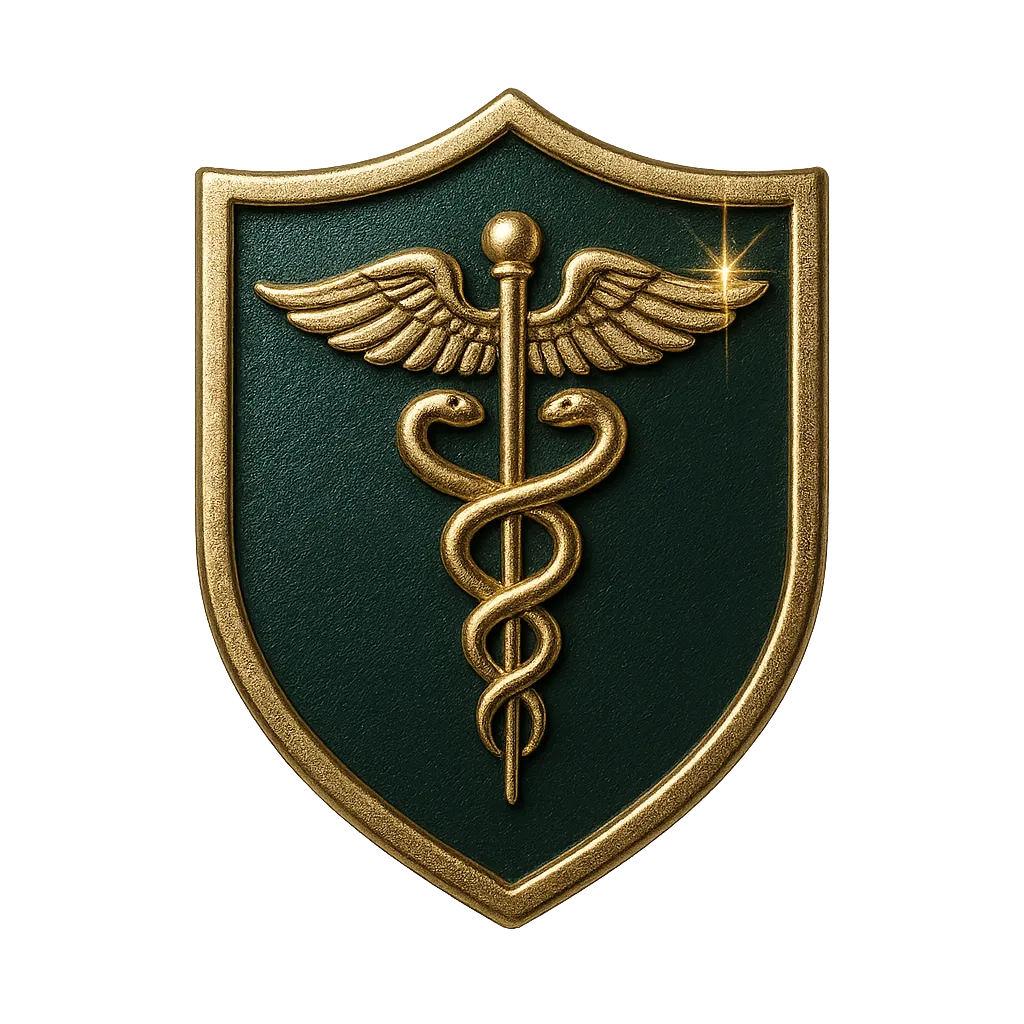 Premium medical authentication seal in deep green and gold