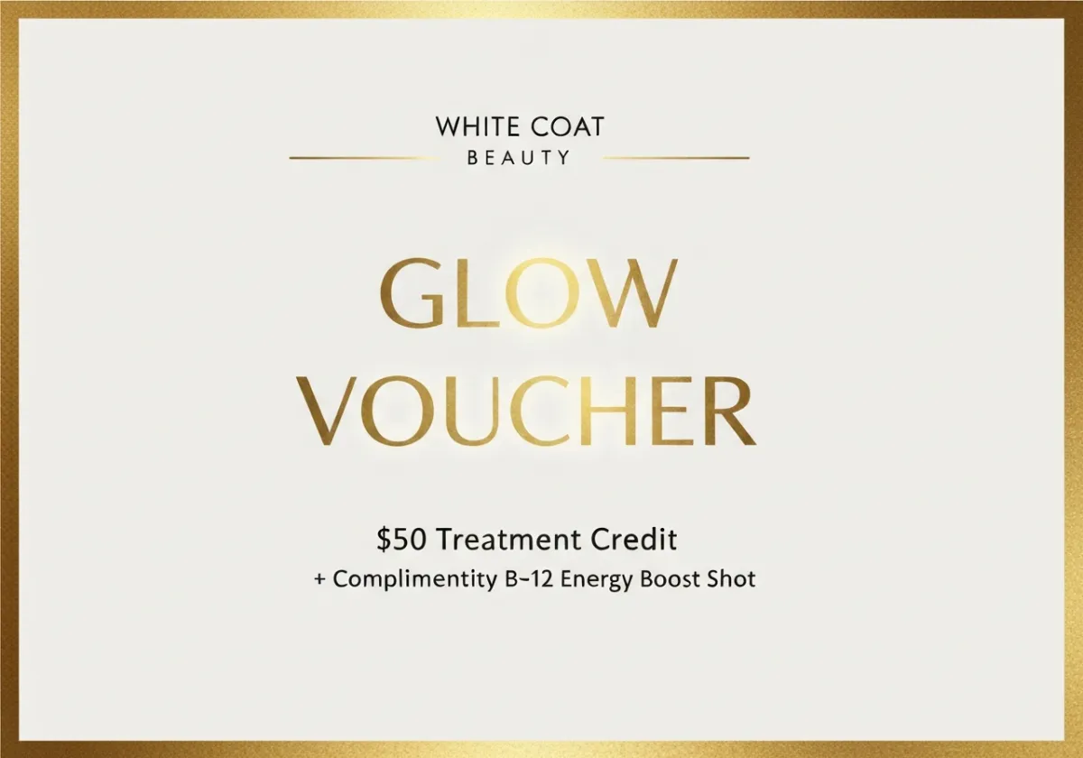 Glow Voucher card showing a $50 treatment credit plus a complimentary B-12 energy boost shot (no other dollar amounts)