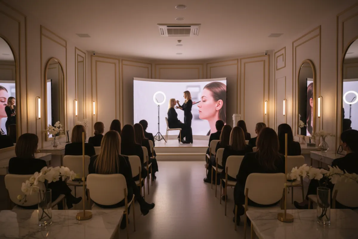 Elegant, softly lit scene of a group of diverse makeup artists in a modern studio, attentively watching a live demonstration, with gold accents and a refined, editorial atmosphere.
